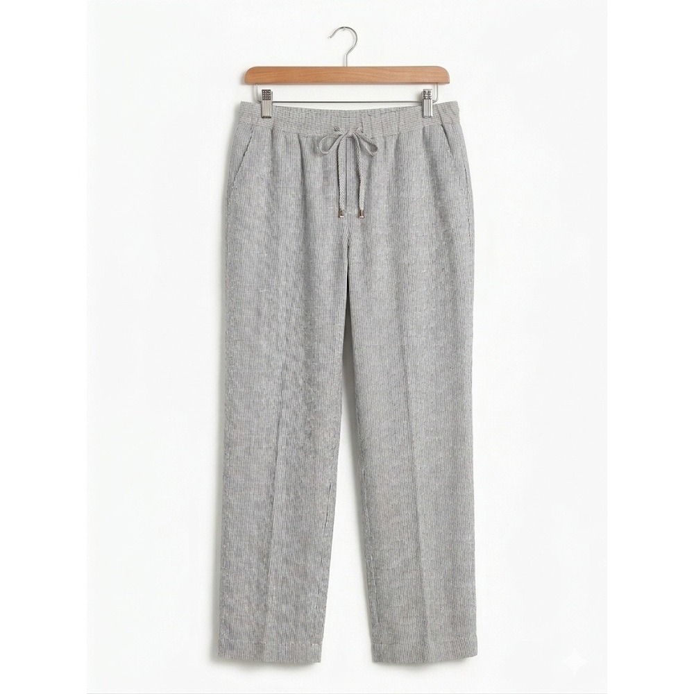 Ellen Tracy 100% Linen Breathable Striped Drawstring Pants Grey White Large